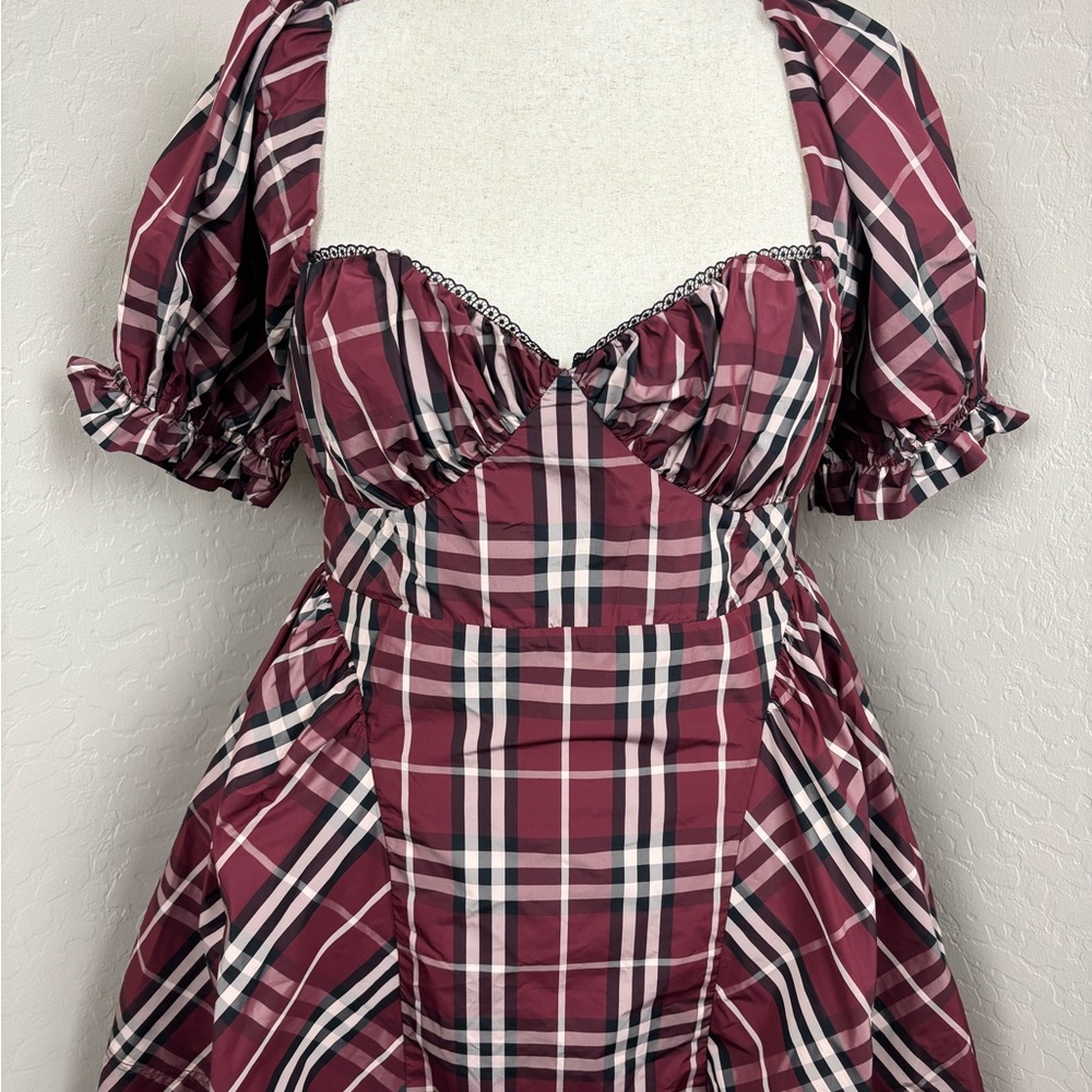 NWT Anthropologie Maeve Red Tartan Plaid Puff‎ Sleeve Mini Dress Size L - Picture 3 of 9